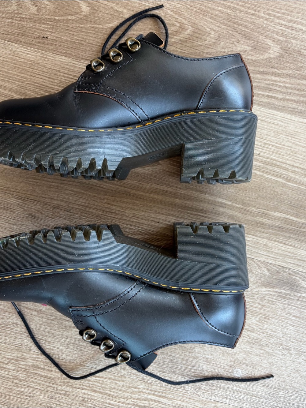 Dr. Martens Black Leather Lace-Up Oxfords with Yellow Stitching